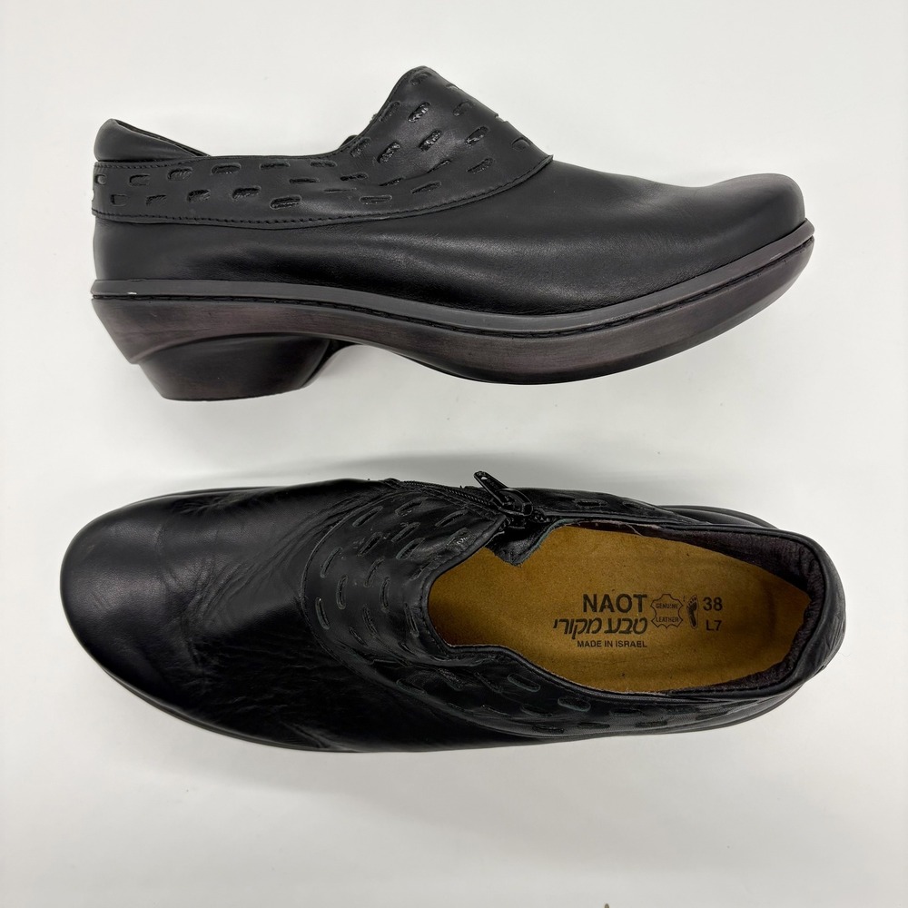 NAOT Black Leather Clogs Slip On Size 38 Zip Closure Loafer Comfort Casual Round